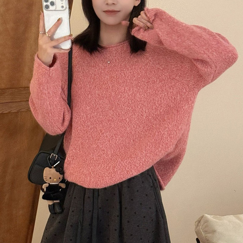 粉色圆领套头毛衣女士秋冬新款时尚慵懒风宽松显瘦洋气针织衫上衣