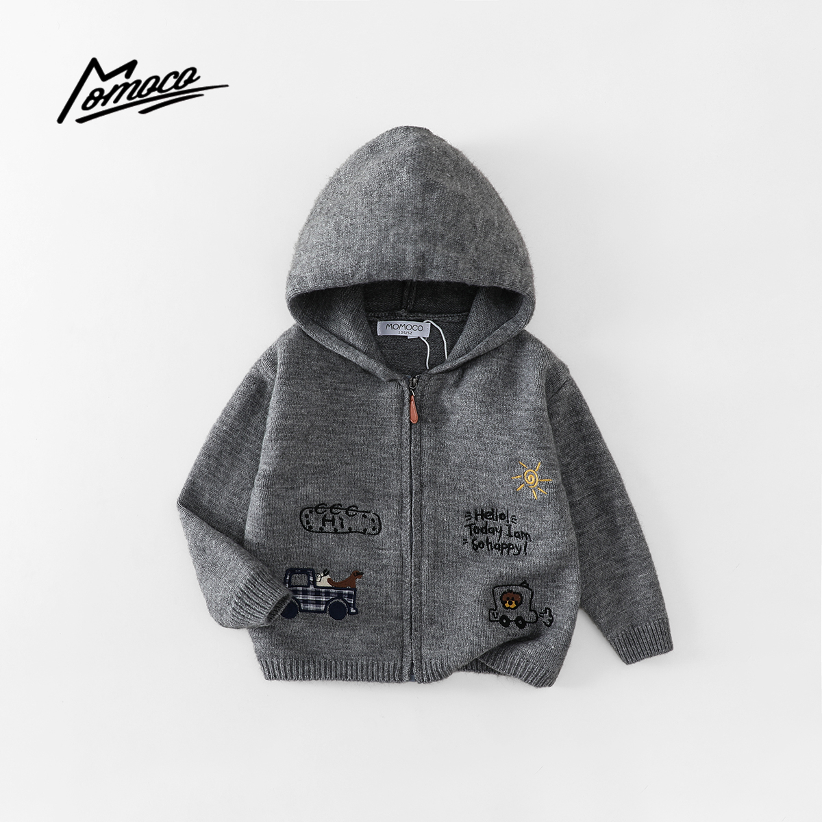 MOMOCO秋季新款男童连帽刺绣洋气卡通连帽拉链开衫77330112047