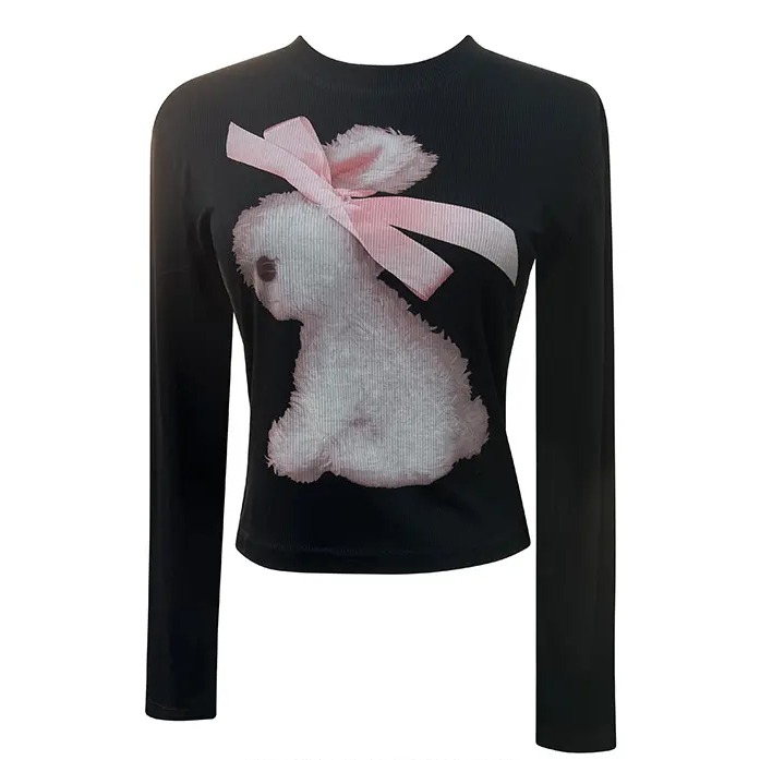 美式卡通辣妹兔子印花正肩长袖t恤早秋新款遮肉修身显瘦女上衣ins