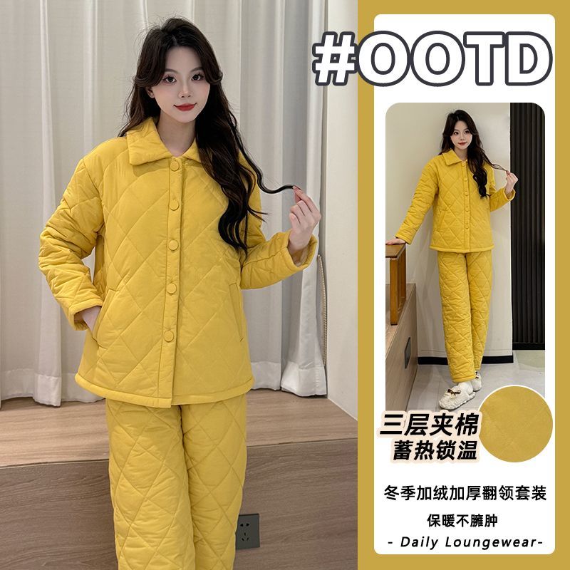 睡衣女三层夹棉加绒加厚保暖翻领时尚2025年冬季家居服两件套套装
