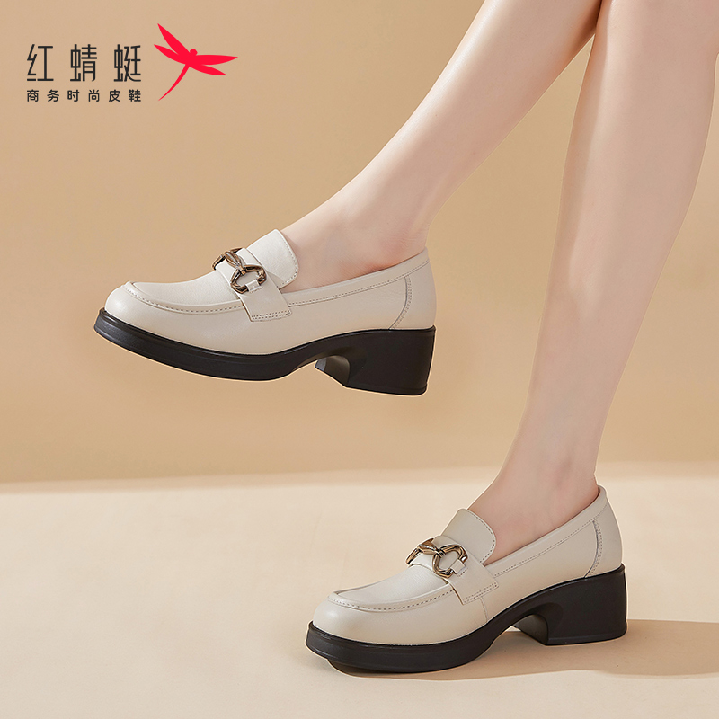 红蜻蜓厚底乐福鞋女秋季新款英伦风小皮鞋女一脚蹬透气真皮单鞋