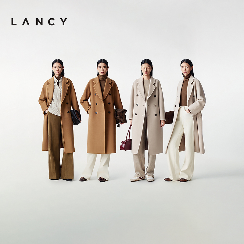 【纯羊毛】LANCY/朗姿2025冬新款复古双排扣毛呢外套女翻领长大衣