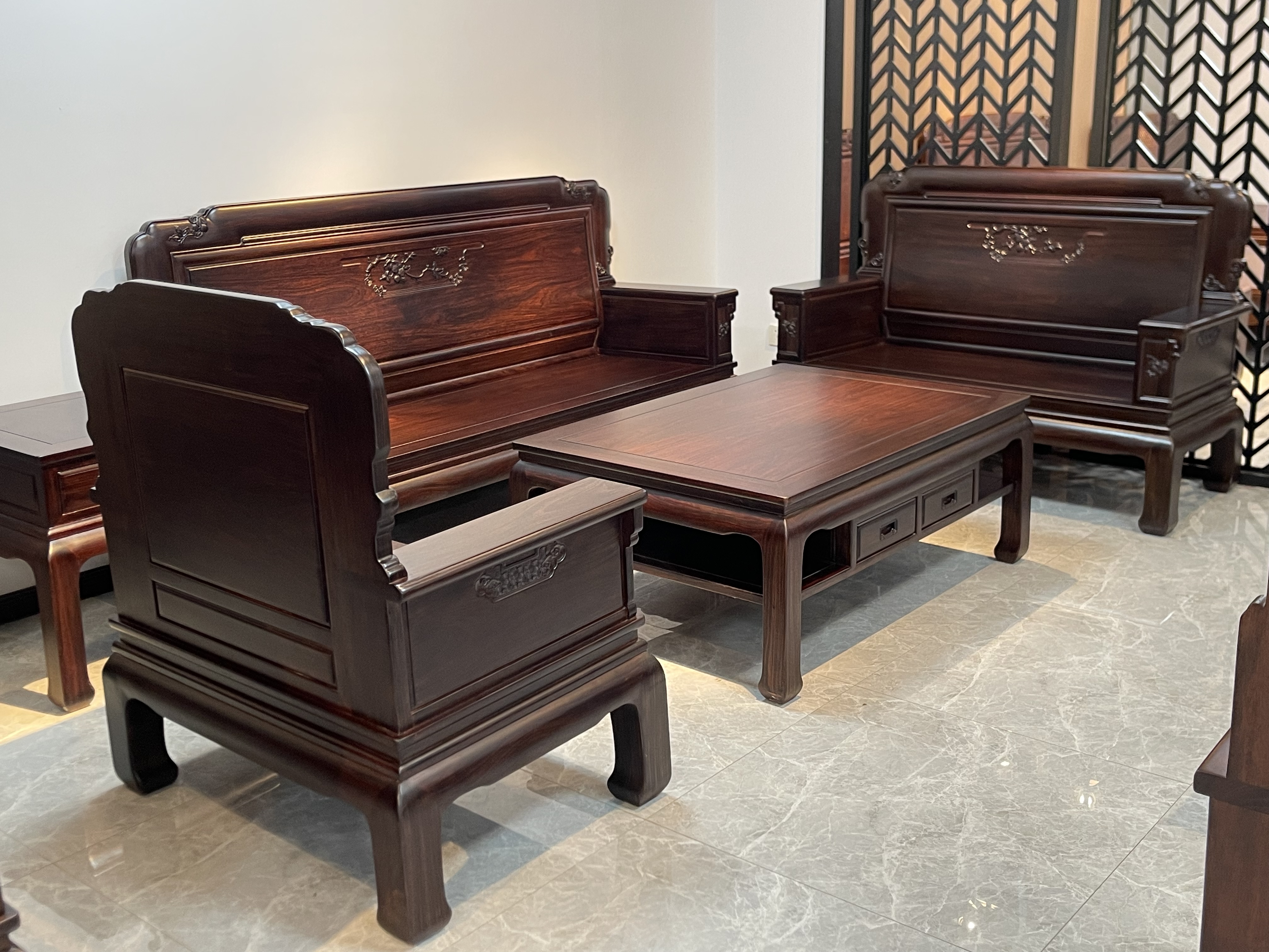 吉荔国色沙发客厅中大户型新古典紫檀原木榫卯仿古雕花实木五件套