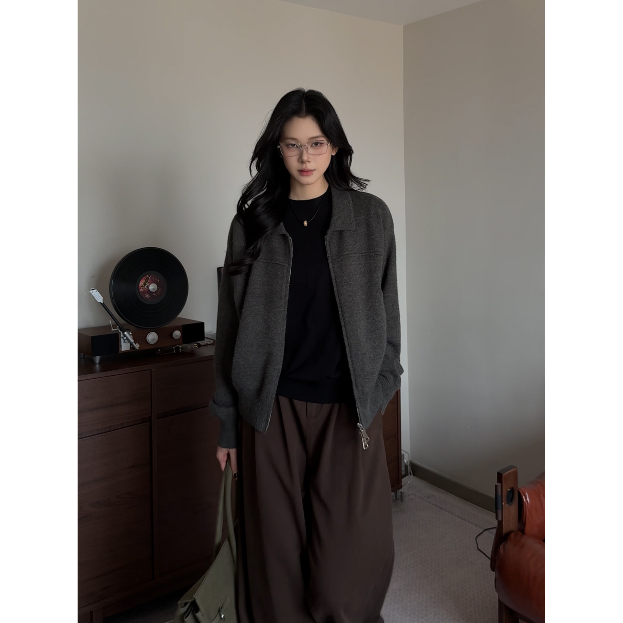 MAYU超纤翻领针织毛衣外套