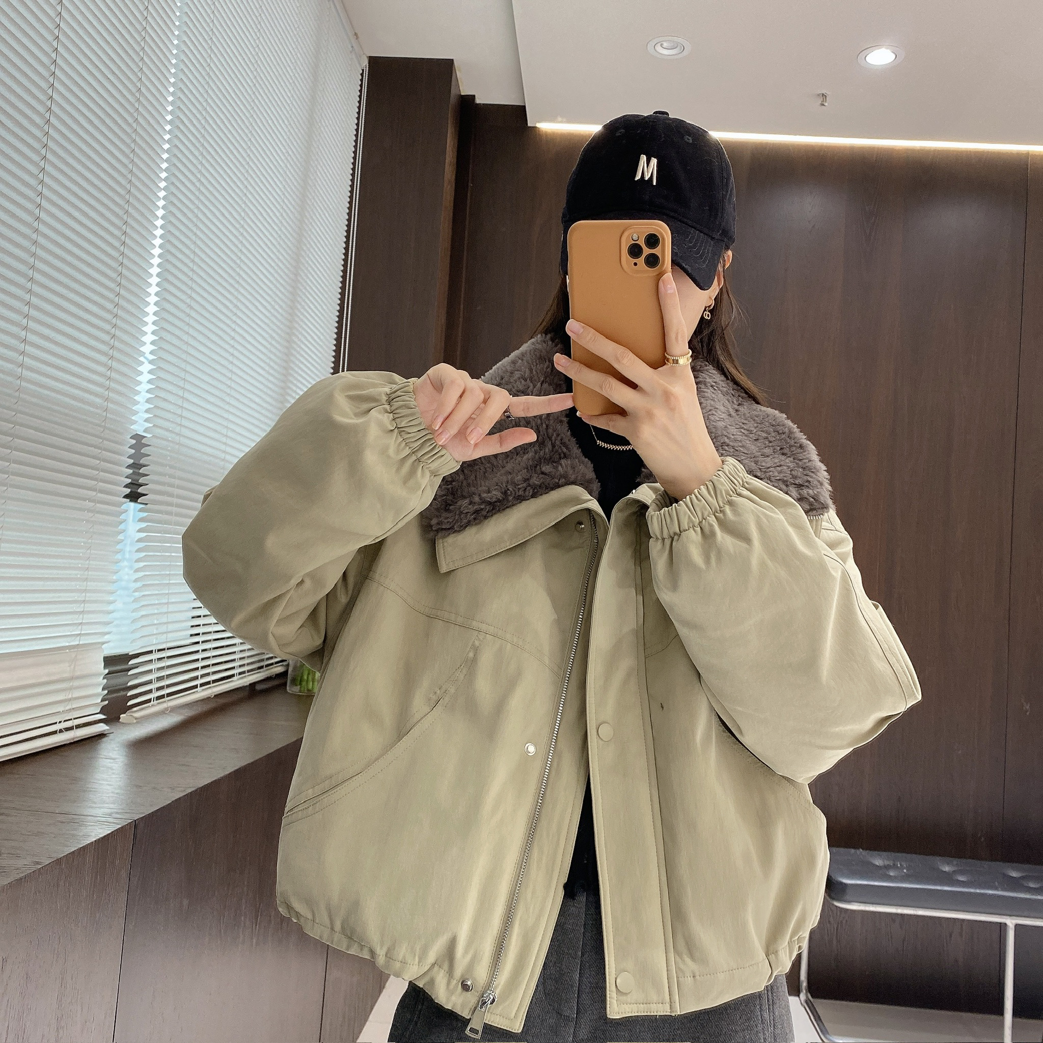 IMFLY金小金自制女装 90鸭绒羽绒服DYW10075绵羊毛翻领短款派克服