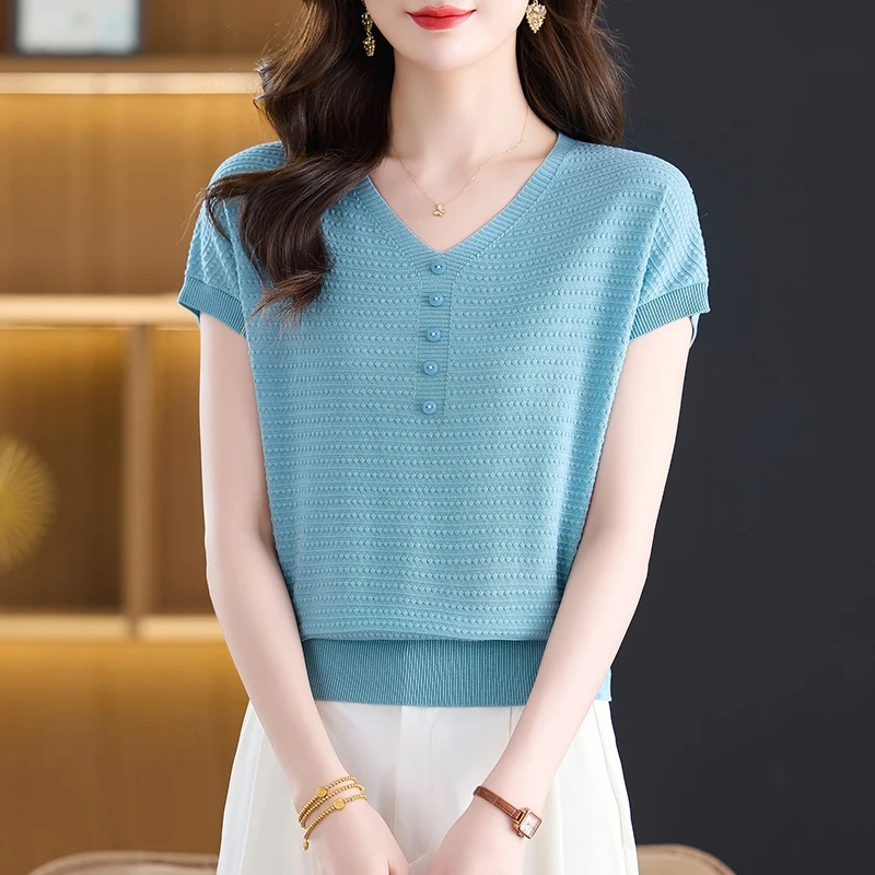 哥弟阿玛施正品夏装薄款气质短袖t2025新款时尚减龄天丝针织衫女
