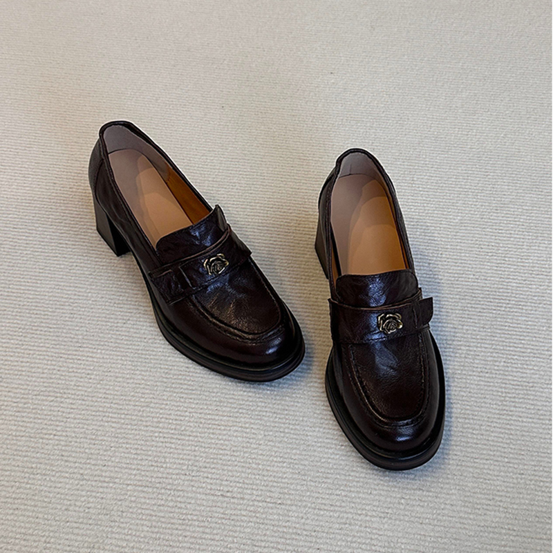 羊皮版~复古山茶花一脚蹬高跟乐福鞋百搭英伦风小皮鞋女粗跟单鞋