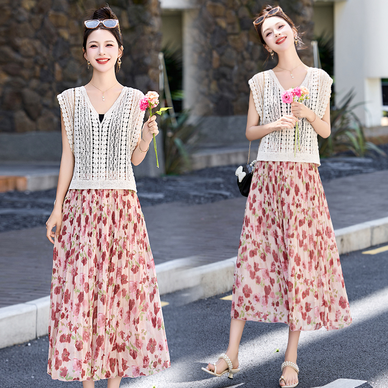 法式镂空罩衫印花套装女2025夏季新款名媛风气质减龄半身裙两件套