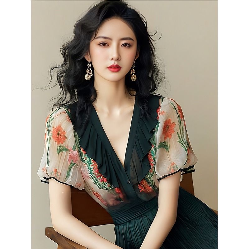 【1117人收藏】时尚复古港风设计感拼接印花衬衫女修身显瘦洋气爆款