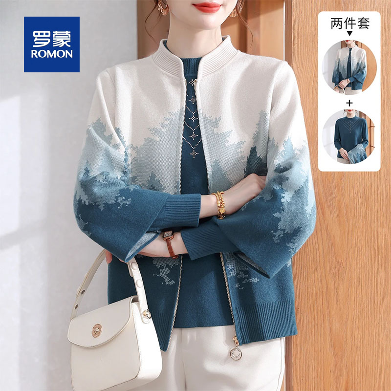 罗蒙妈妈秋装针织开衫外套2025新款中老年女装春秋款高贵大码上衣