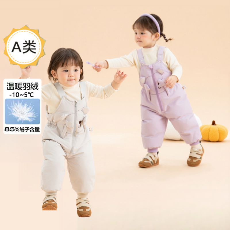 童泰【云绒朵】小猴子造型背带儿童羽绒裤男女童裤冬2025新款萌三防