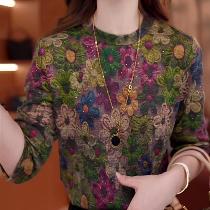 洋气德绒花色T恤女春秋冬新款N妈妈磨毛显瘦打底上衣长袖内搭小衫