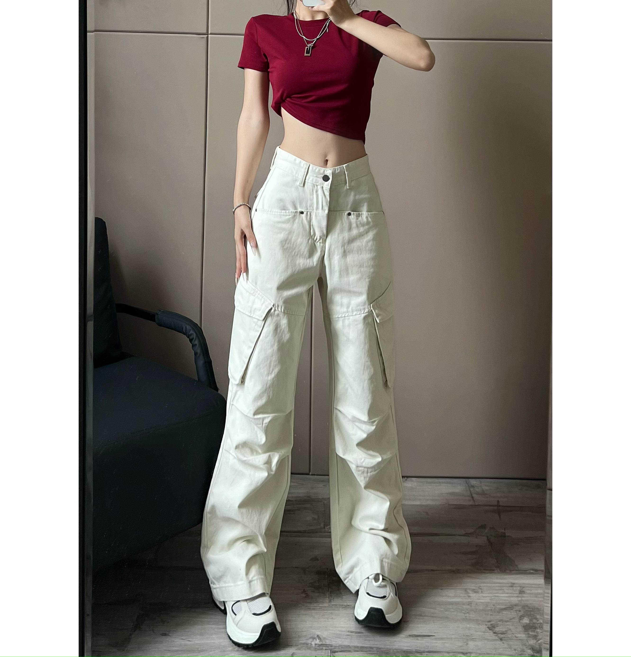2025夏季新款米白色高腰直筒休闲工装裤女显瘦加长版休闲裤-7003