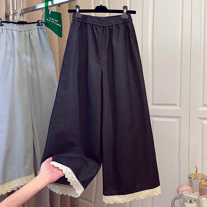 蕾丝直筒牛仔裤女夏季薄款梨形身材小个子高腰显瘦宽松阔腿九分裤