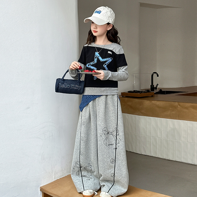 女童秋装五角星拼接长袖T打底衫韩系6-12岁洋气时尚宽松卫裤15潮