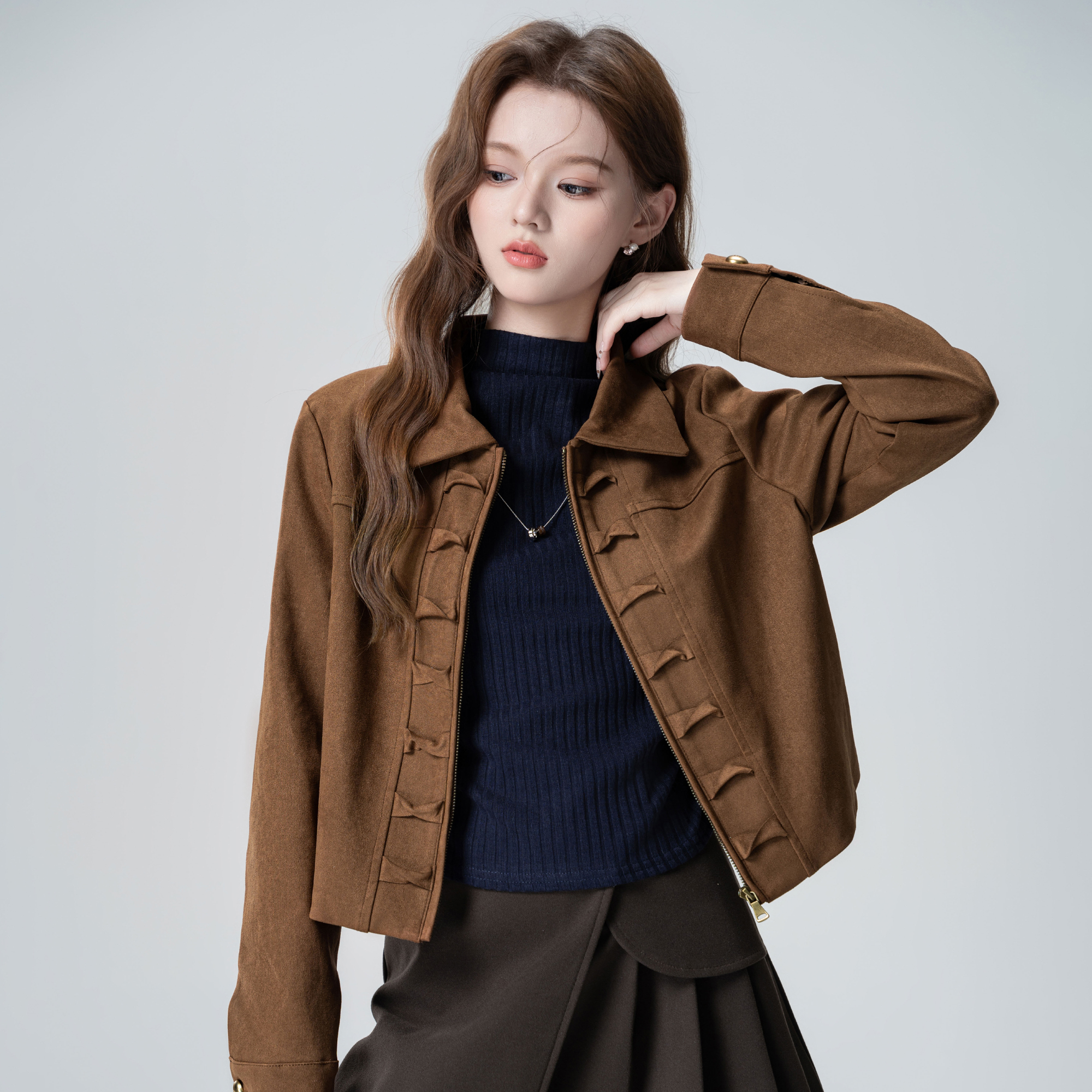 复古咖色皮绒外套女春秋2025秋季新款宽松翻领夹克开衫短款上衣