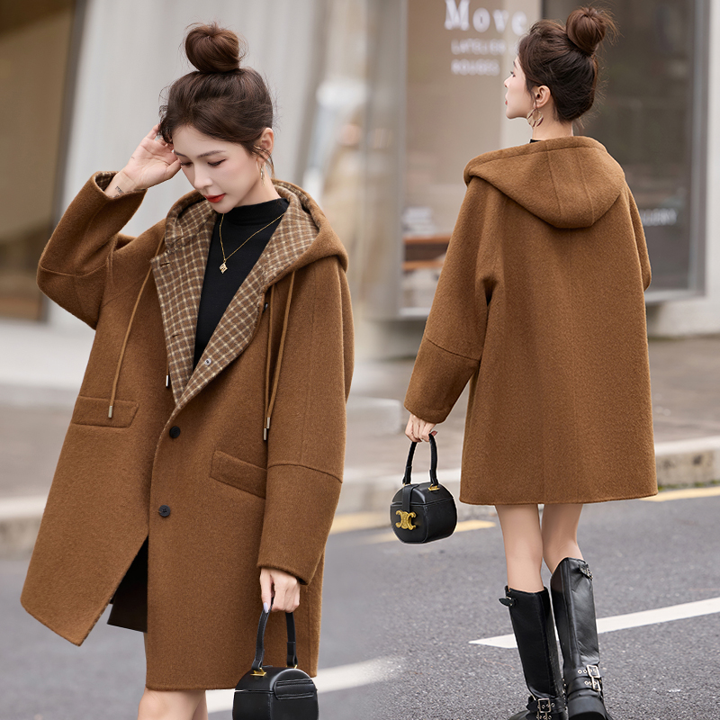 毛呢外套女装2025秋天衣服新款连帽双面羊毛呢格子中长款毛呢外套