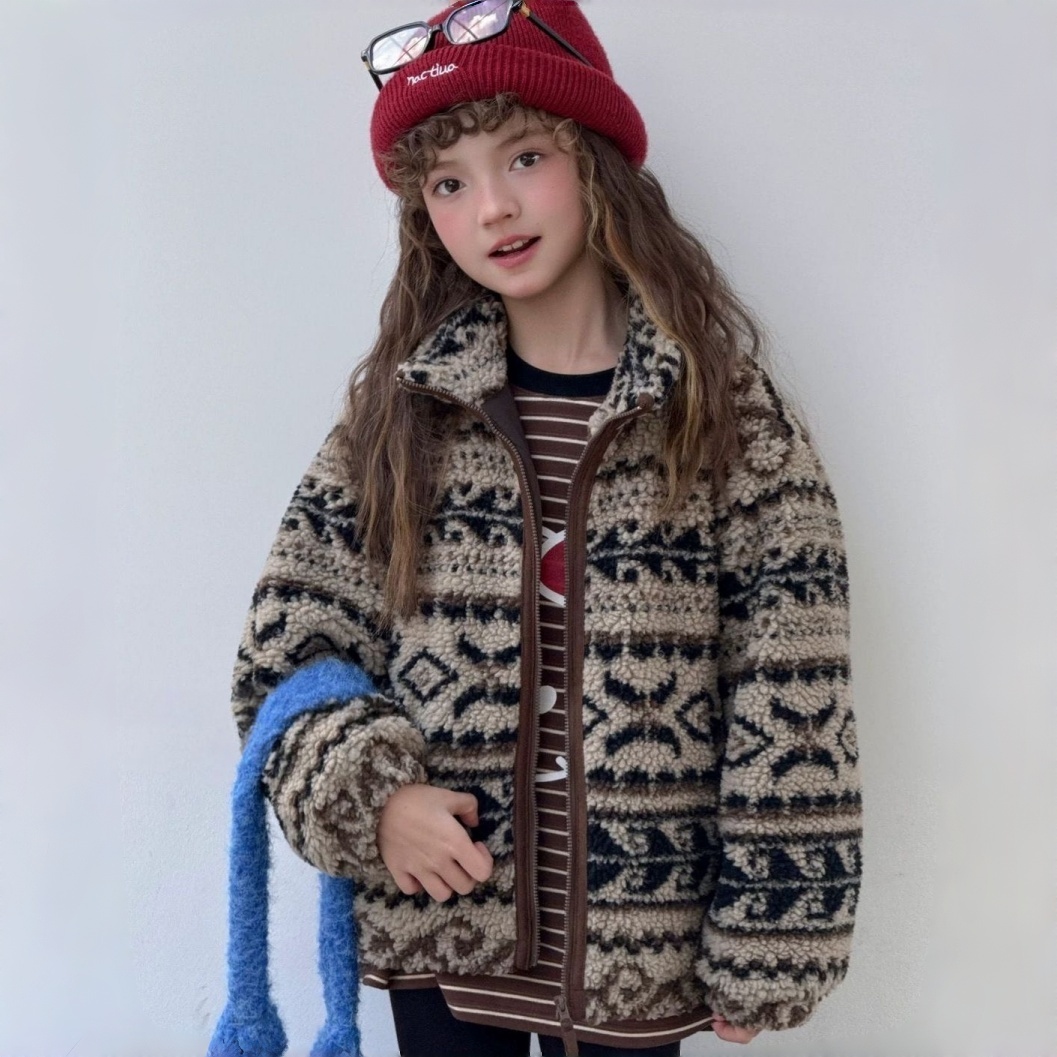 韩版童装2025秋冬新款儿童羊羔绒复古花纹加绒外套女童加厚上衣