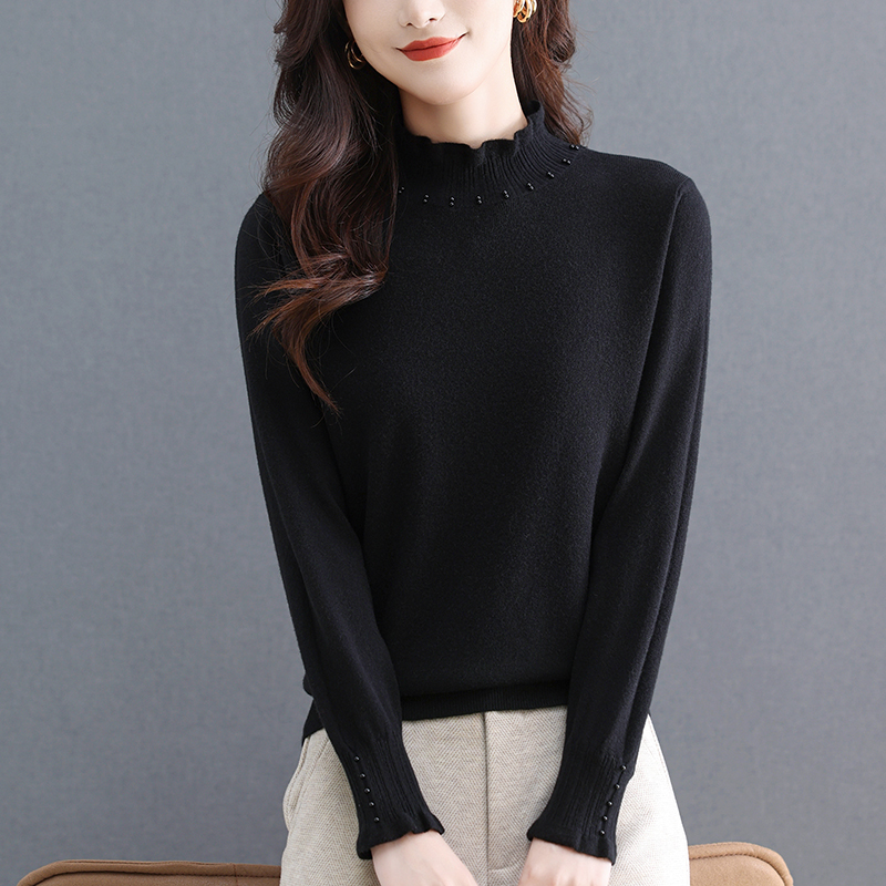 鄂尔斯市纯100羊毛衫秋冬新款黑色半高领蕾丝毛衣女士羊绒打底衫