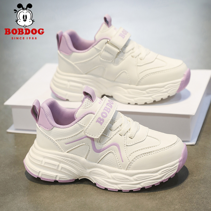 Bobdog/巴布豆女童运动鞋2025春秋皮面防水儿童小白鞋女孩老爹鞋