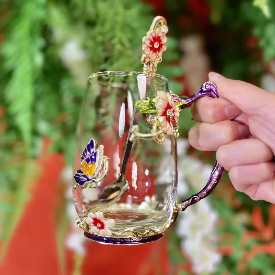 欧式珐琅彩高硼硅耐热玻璃水杯情侣茶杯带手把少女紫色早餐杯送礼