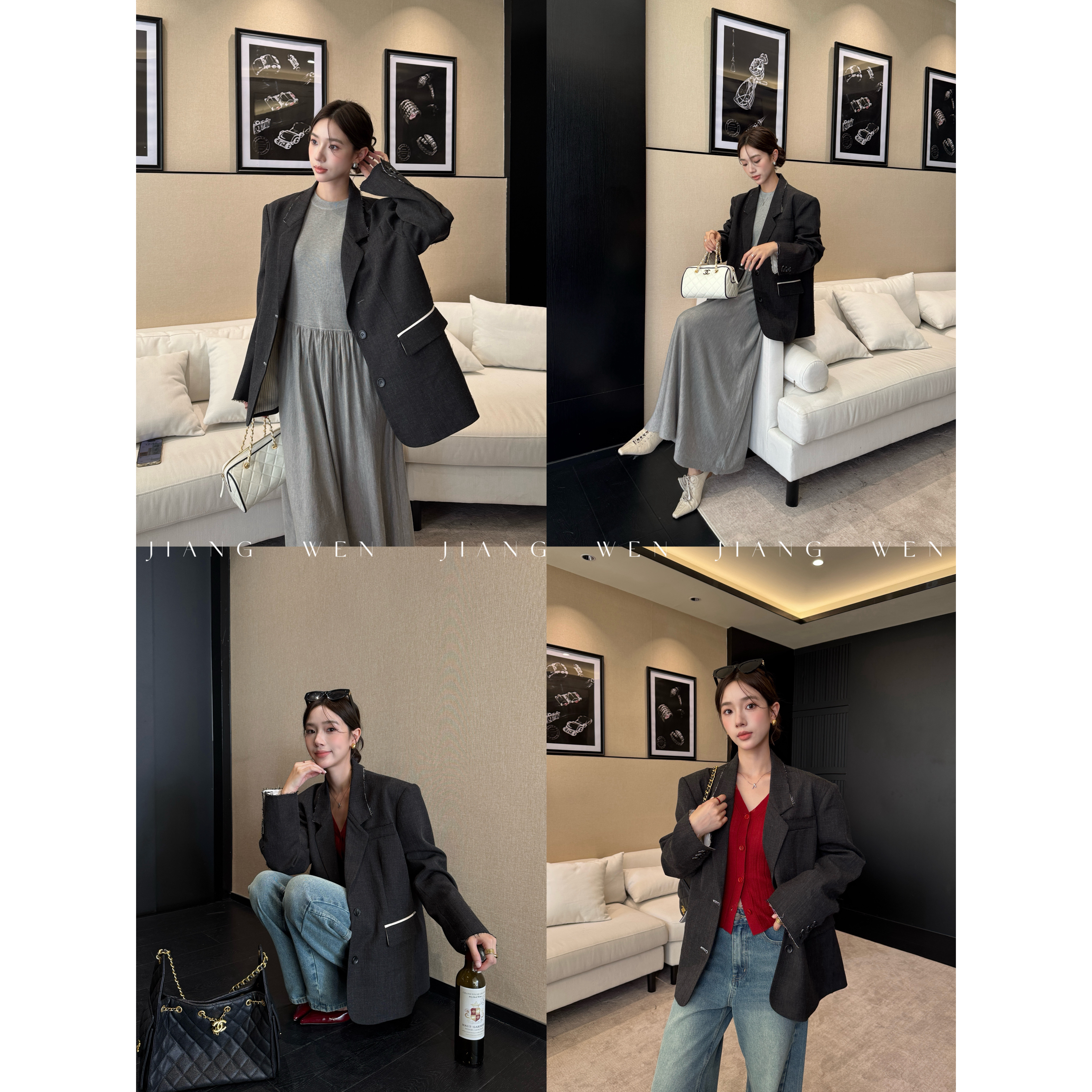 【卡斯西装】韩版廓形百搭拼接毛边黑灰色时尚休闲设计感西装外套