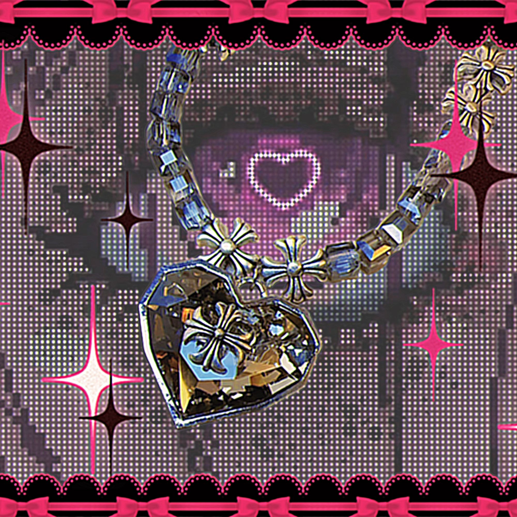 不锈钢仿水晶项链 朋克嘻哈串珠颈链黑色爱心锆石高级感小众A0077