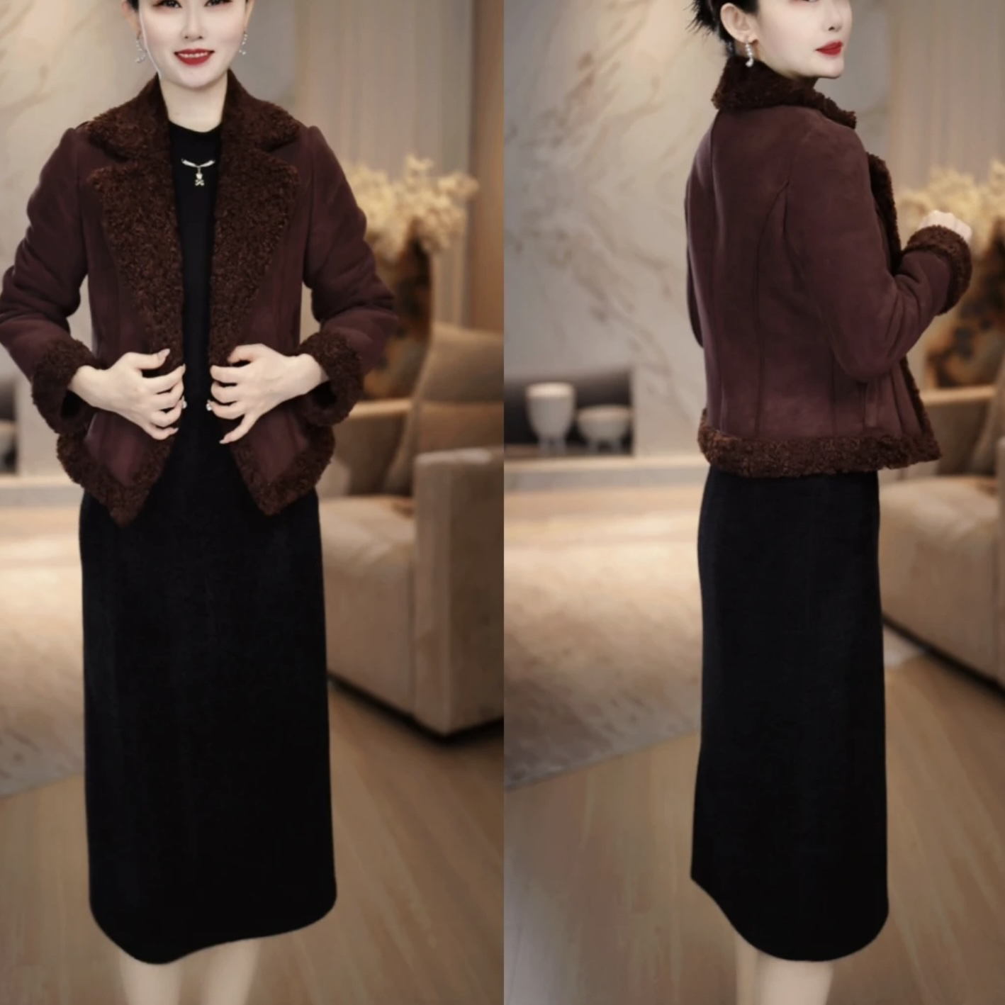 【外套+连衣裙】2025冬季新款洋气加厚加绒轻奢贵气复古气质套装裙