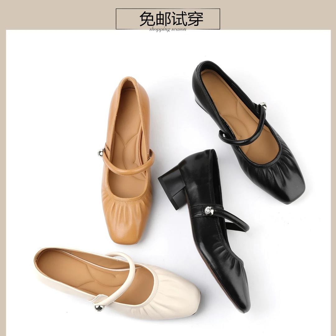 新款软底鞋玛丽珍鞋复古时尚中跟百搭粗跟浅口方头女单鞋
