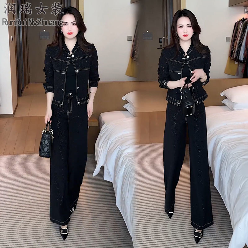 极简风时尚套装女2025秋季新款亮闪闪短外套阔腿裤牛仔两件套通勤