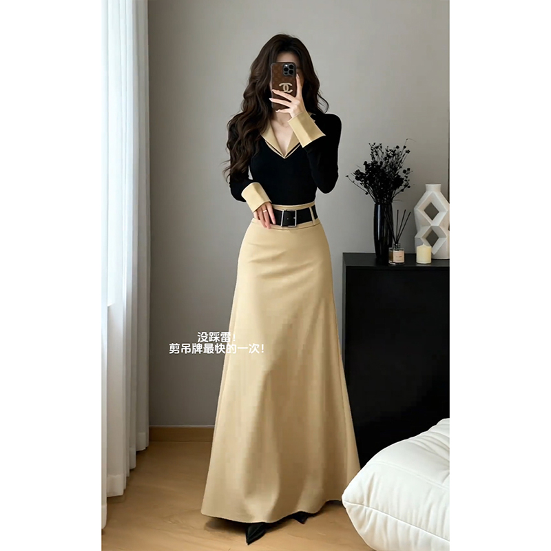 韩版时尚百搭黑色修身显瘦针织衫上衣女设计感别致直筒半身裙套装