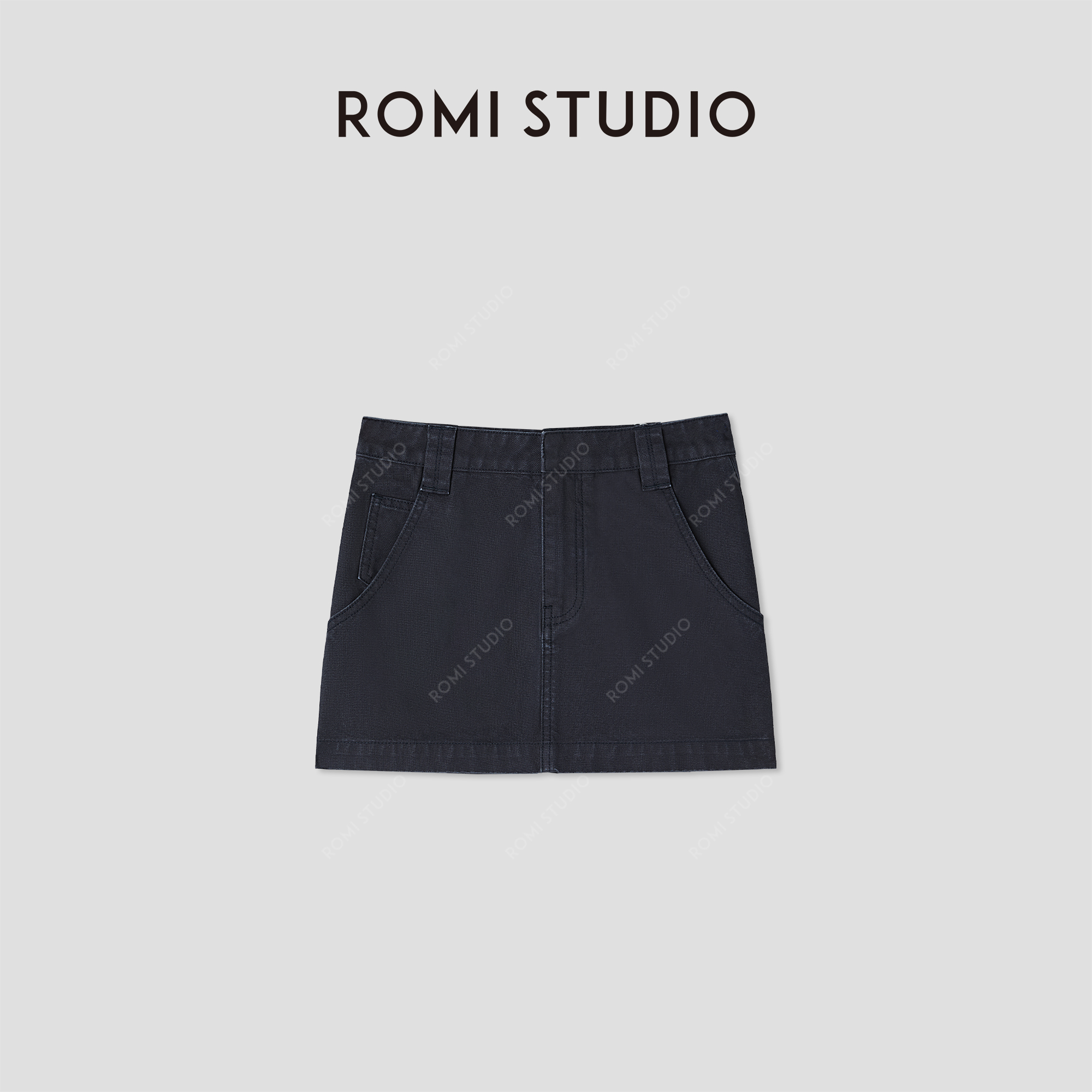 ROMI STUDIO“美式复古”蓝色纯棉重工洗水直筒半身短裙 RWCSXD2993