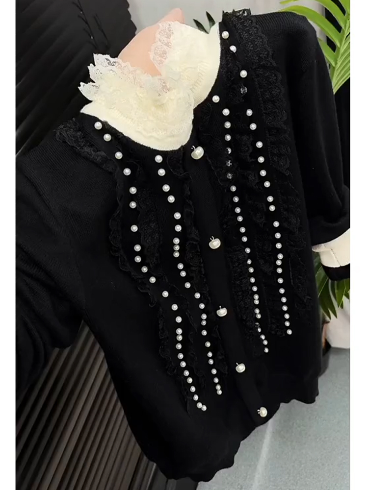 重工钉珠蕾丝拼接针织衫女2025秋冬季高级感时尚气质百搭套头毛衣