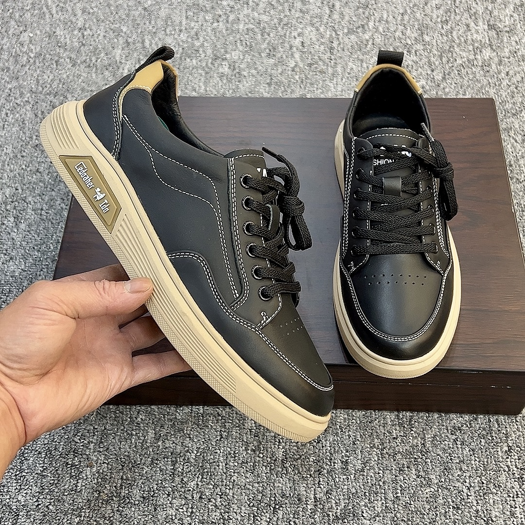 36码起休闲透气板鞋系带休闲板鞋皮鞋黑色男士厚底韩版低帮休闲鞋