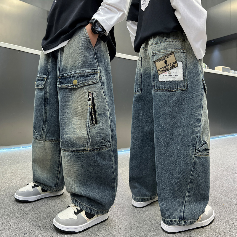 男童秋季宽松工装牛仔裤6-12岁中大童百搭帅气炸街长裤儿童裤子潮