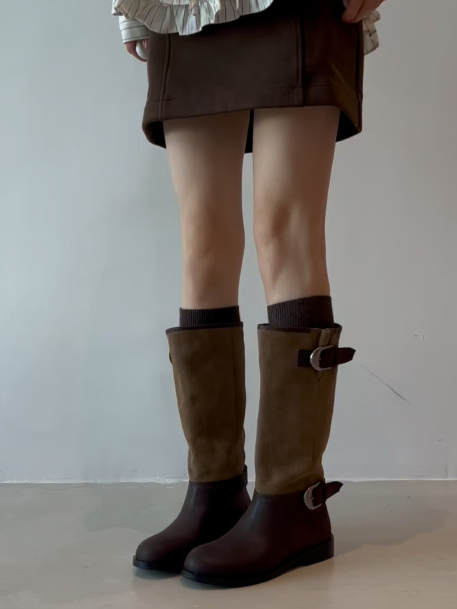 复古西部牛仔靴2025新款不过膝胖MM骑士靴皮带扣宽筒长靴