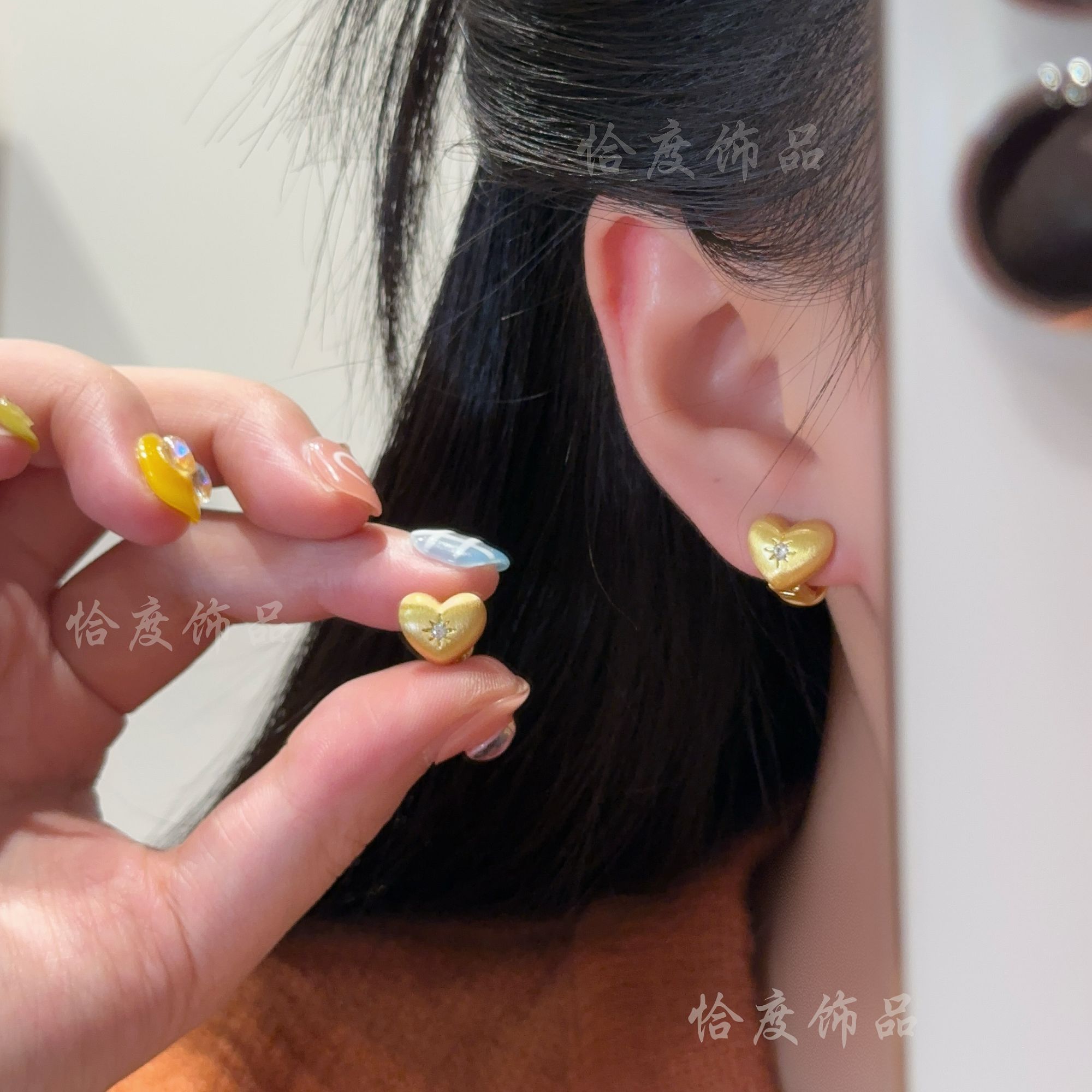 【恰度】两面戴金色复古拉丝爱心耳扣
