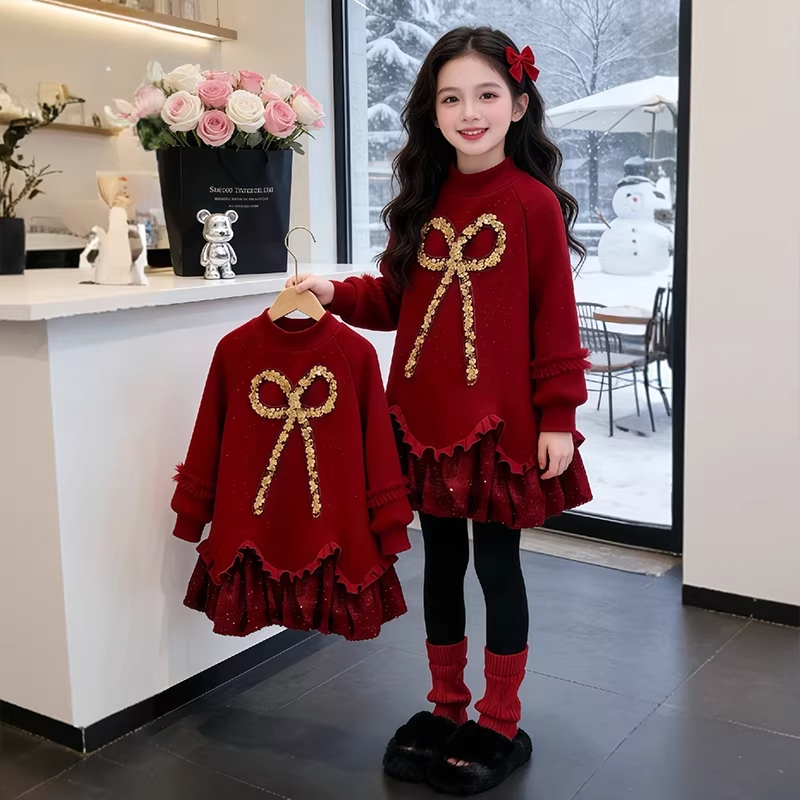 女童新年卫衣裙冬季2025新款儿童加绒公主裙冬装女孩红色拜年裙子