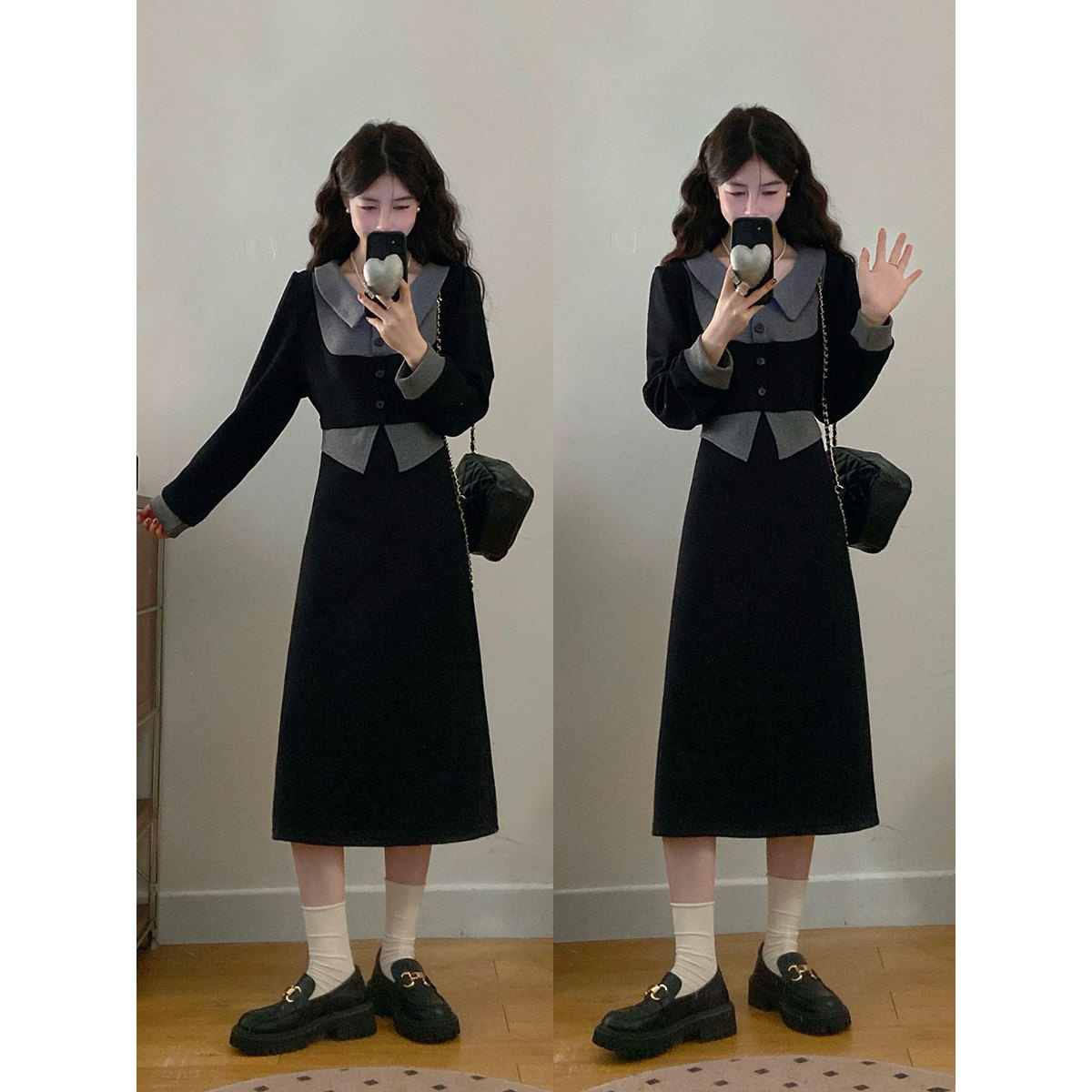 大码女装韩系通勤慵懒拼接假两件polo领长袖收腰显瘦连衣裙