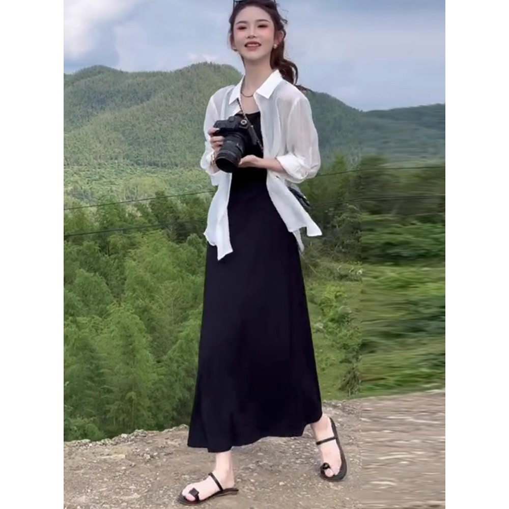 一整套春季穿搭长裙2025新款气质法式黑色吊带连衣裙子女春套装裙