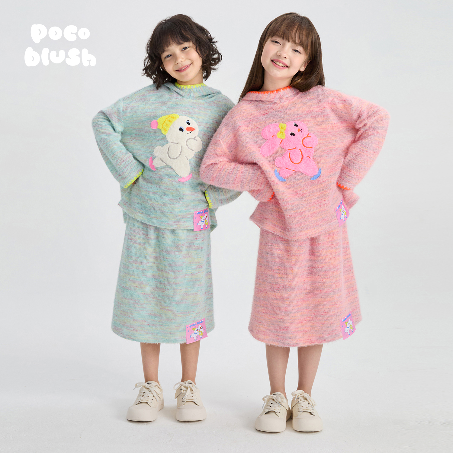 pocoblush【冰上雪人】连帽毛衣儿童女童秋冬新款柔软毛织上衣套装