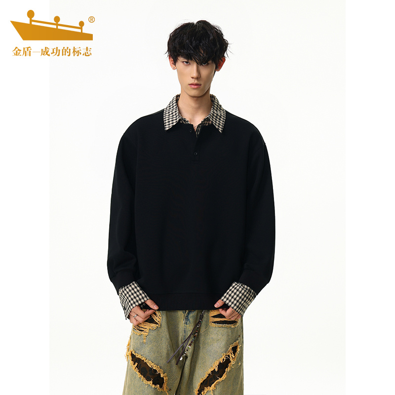 金盾秋冬新款撞色POLO领卫衣2025潮流百搭假两件超好看上衣