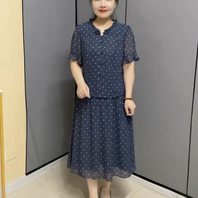 新中式盘扣波点假两件妈妈装夏季温婉大方连衣裙H3197款