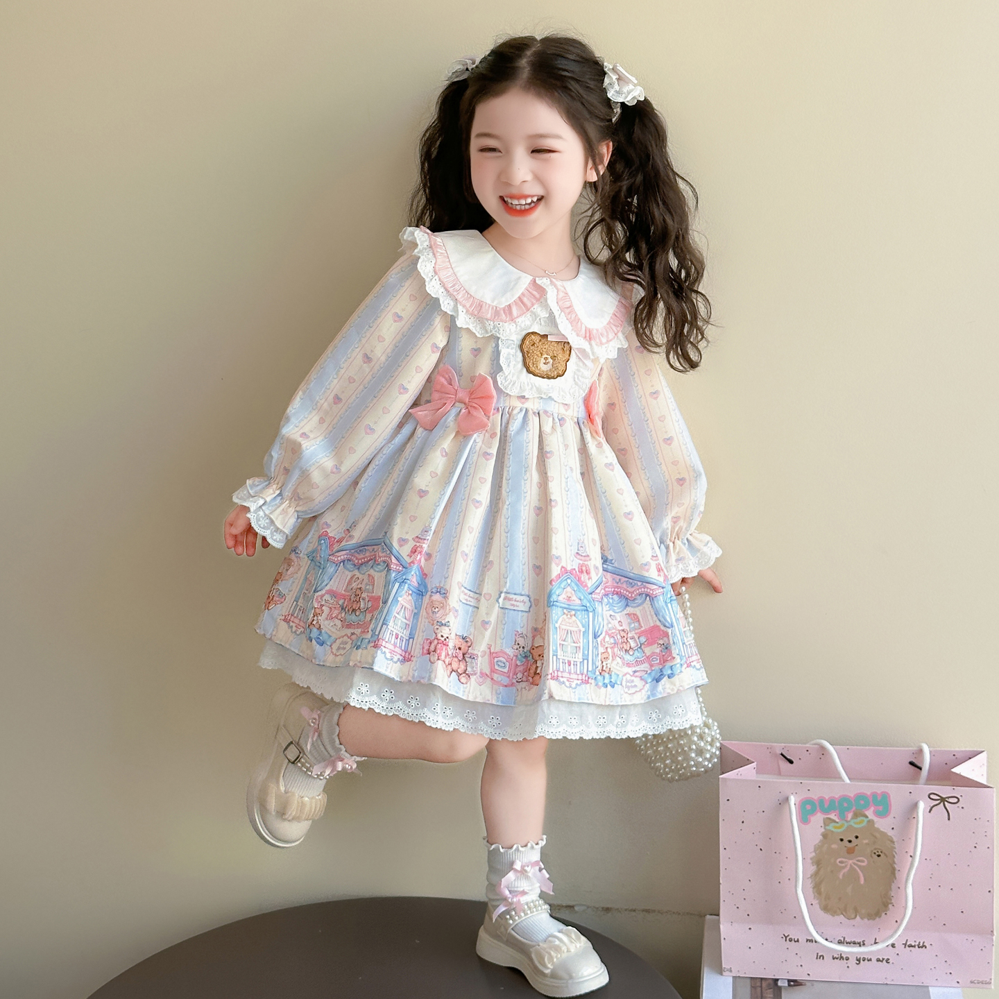 女童公主裙春秋款连衣裙2025新款儿童洋气女宝秋季小熊长袖洛丽塔