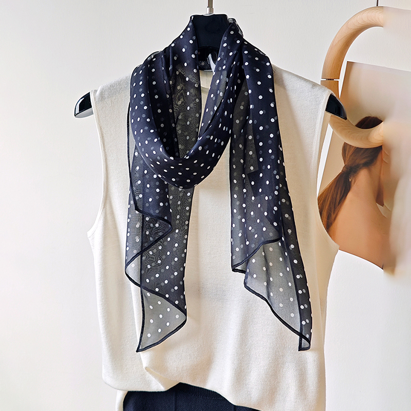 真丝丝巾小长条女百搭春秋薄款波点窄100%桑蚕丝围巾长款纯色纱巾
