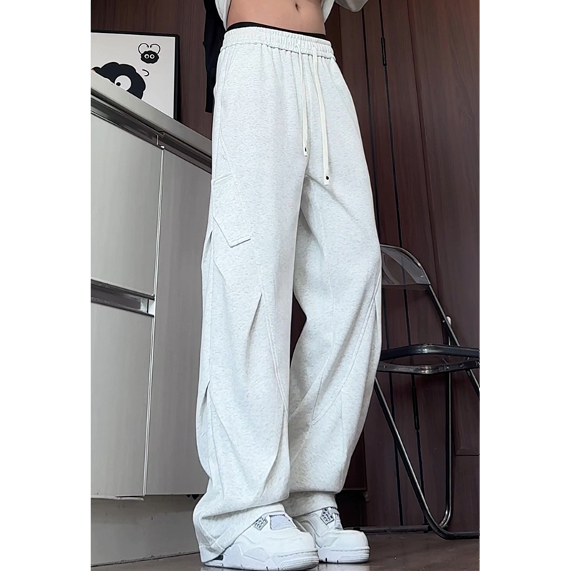 秋冬新款设计感褶皱卫裤男休闲裤大码宽松加绒直筒裤老钱风长裤子