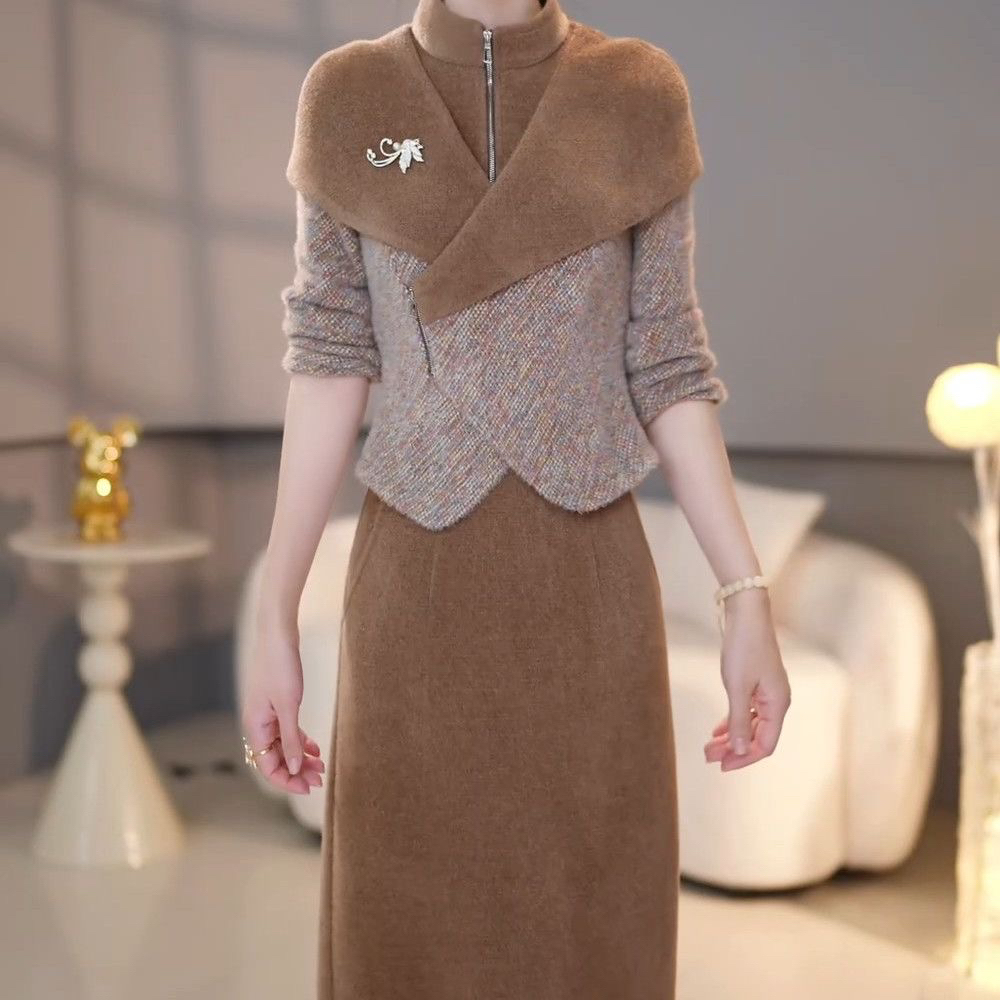 高级雪花绒气质时尚上衣半身裙2025冬季新款洋气百搭连衣裙两件套