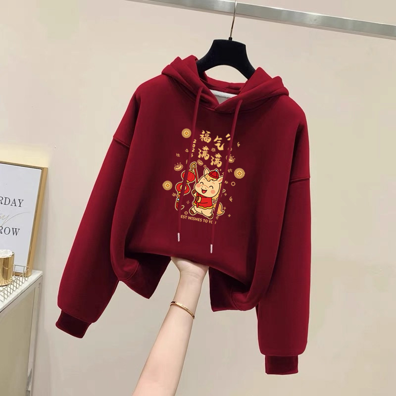 设计感小众秋冬新款2026酒红色连帽卫衣女加绒洋气宽松韩版外套潮