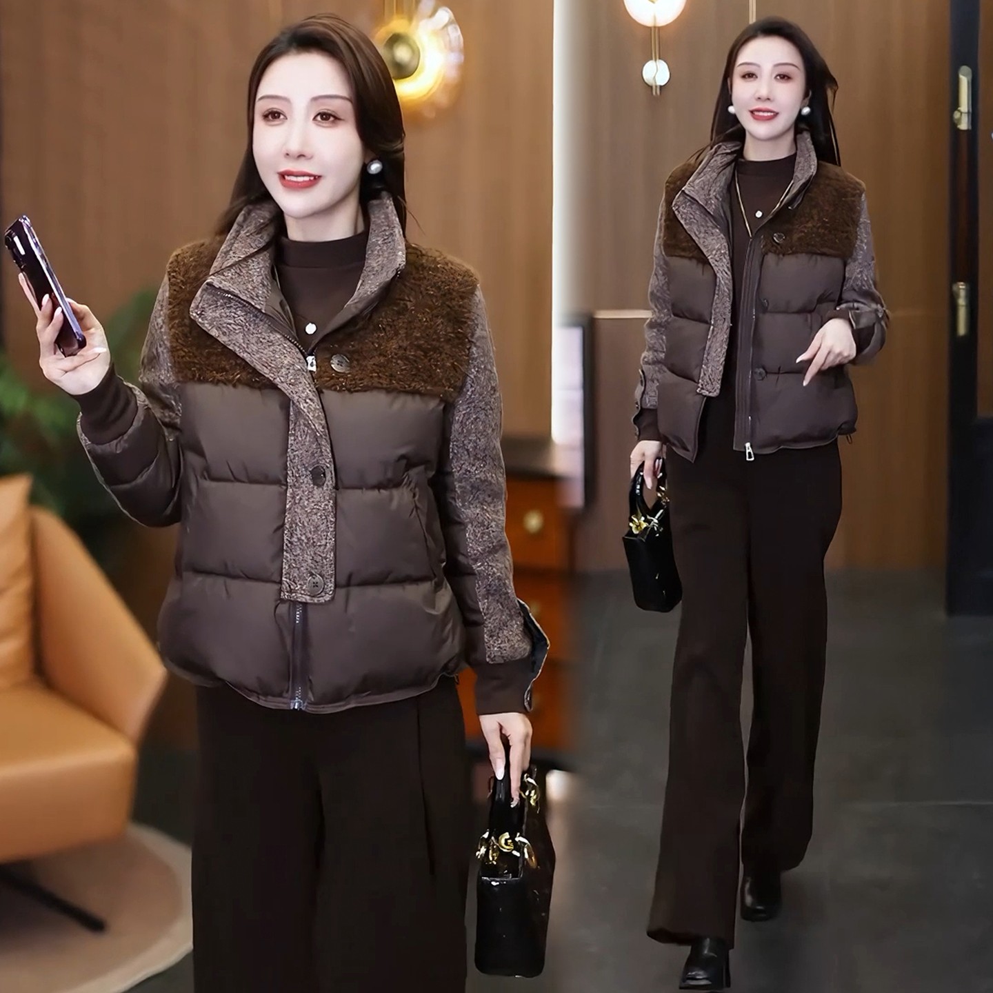 2025冬季新款洋气毛呢拼接棉衣女加厚保暖显瘦棉服百搭棉袄外套潮