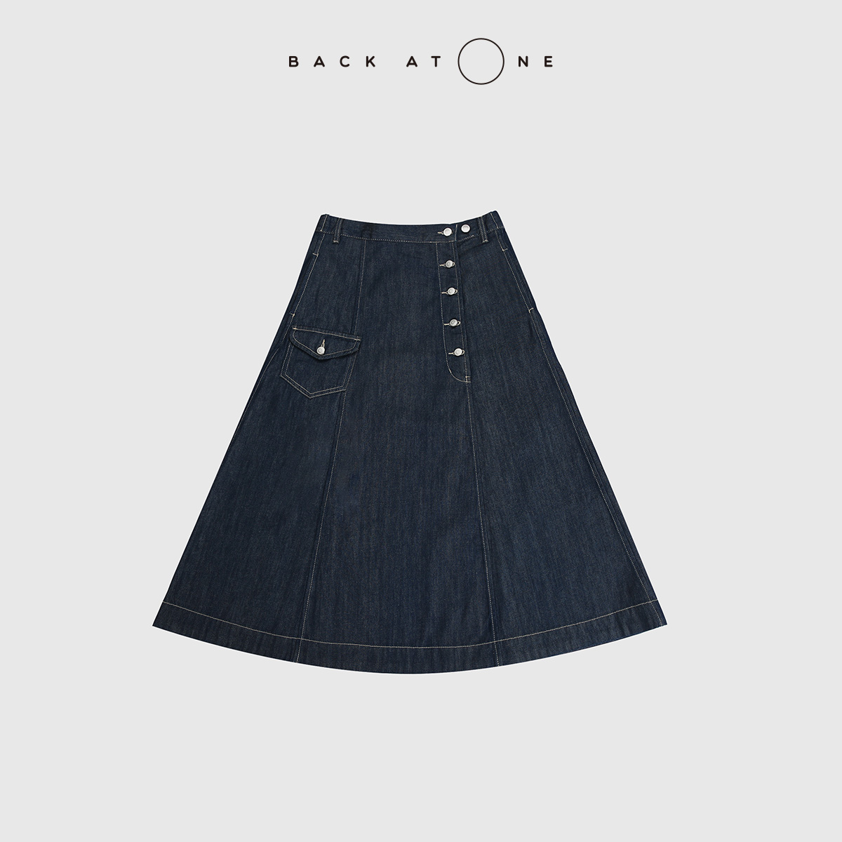 BackAtOne“艺术旅途” 时髦A字蓝色斜门襟牛仔半裙 BFS-2DI096C-K